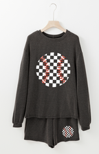 Corded Checkerboard Baseball Graphic Long Sleeve Top and Shorts Set