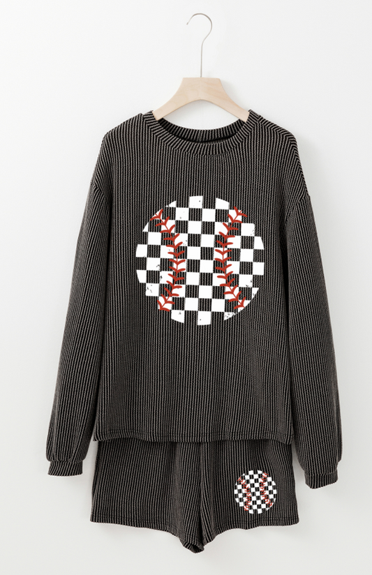 Corded Checkerboard Baseball Graphic Long Sleeve Top and Shorts Set - felvior