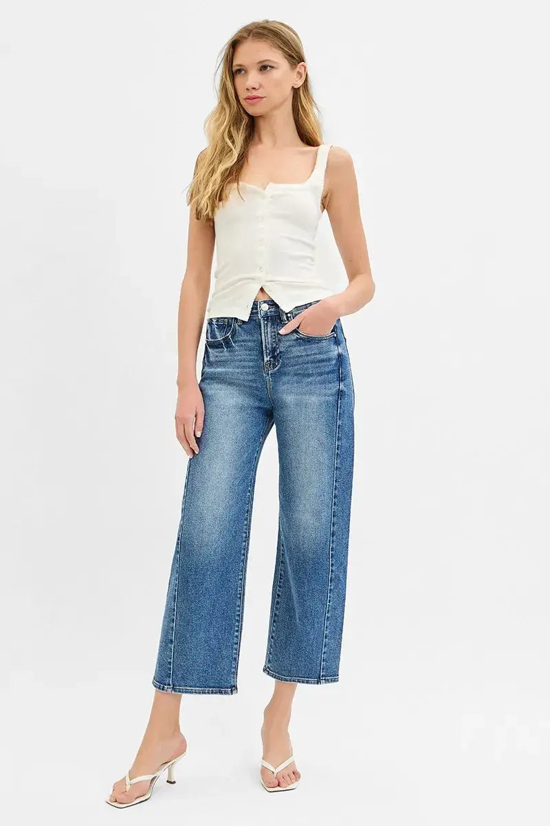 RISEN High Rise Crop Length Barrel Adjustable Waist Band Jeans