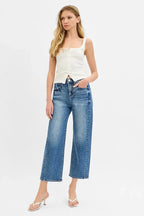 RISEN High Rise Crop Length Barrel Adjustable Waist Band Jeans
