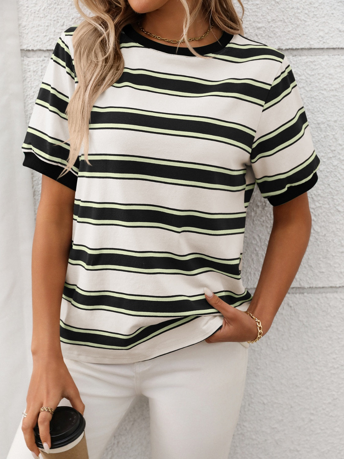 Contrast Striped Round Neck Short Sleeve T-Shirt Hauptbild