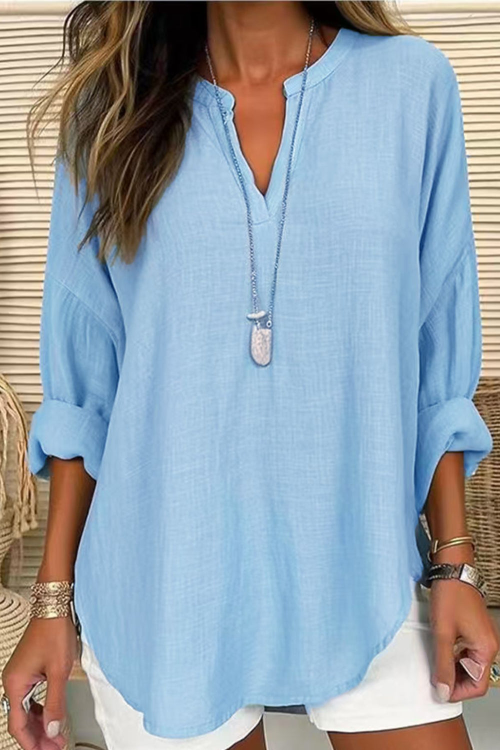 Solid Color Notched Long Sleeve Blouse - felvior