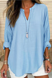 Solid Color Notched Long Sleeve Blouse - felvior