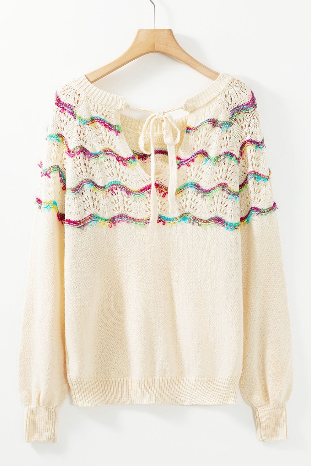 Openwork Wavy Striped Round Neck Sweater - felvior