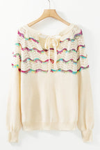 Openwork Wavy Striped Round Neck Sweater