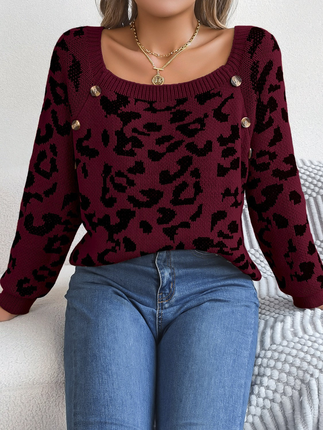 Leopard Buttoned Square Neck Sweater - felvior