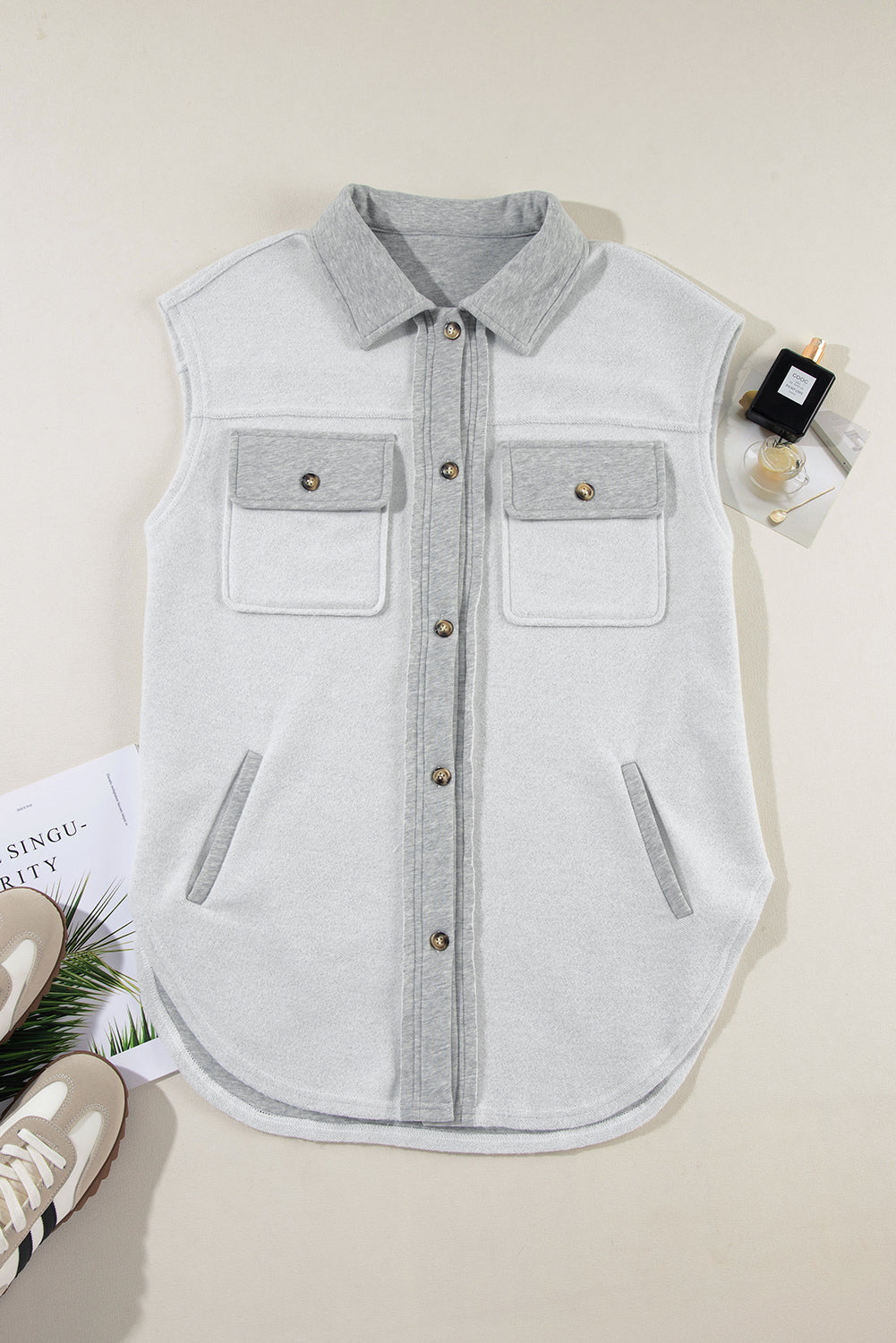 Pocketed Curved Hem Button Up Vest - felvior