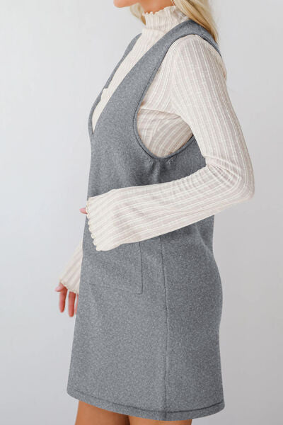 Lovelet Pocketed V-Neck Mini Sweater Overall Dress