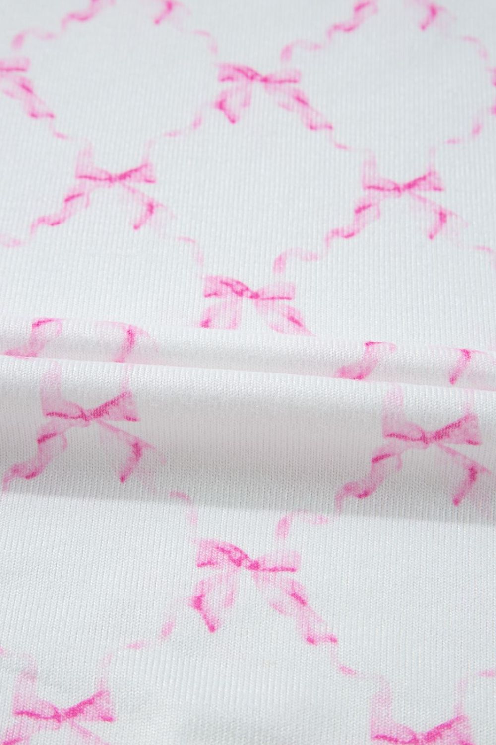 Bow Print Lettuce Trim Round Neck Top and Shorts Lounge Set