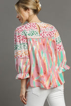 Umgee Full Size Mixed Print Lace Trim Top Plus Size