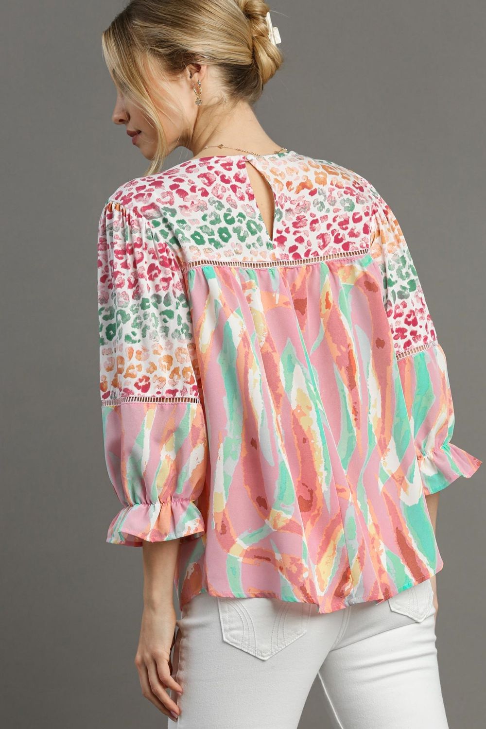 Umgee Full Size Mixed Print Lace Trim Top Plus Size