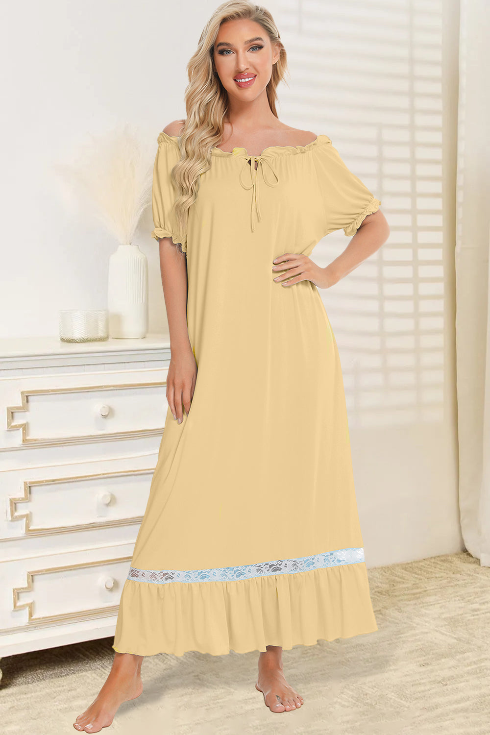 Lace Detail Short Sleeve Lounge Dress - felvior