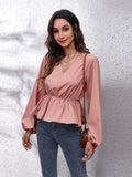 V-Neck Balloon Sleeve Peplum Blouse - felvior