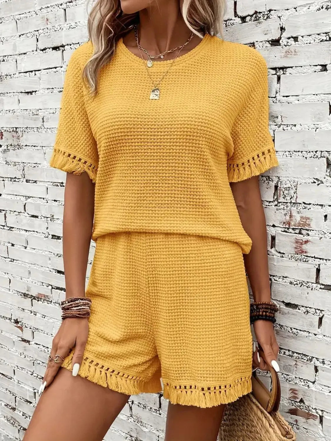 Tassel Round Neck Top and Shorts Set - felvior
