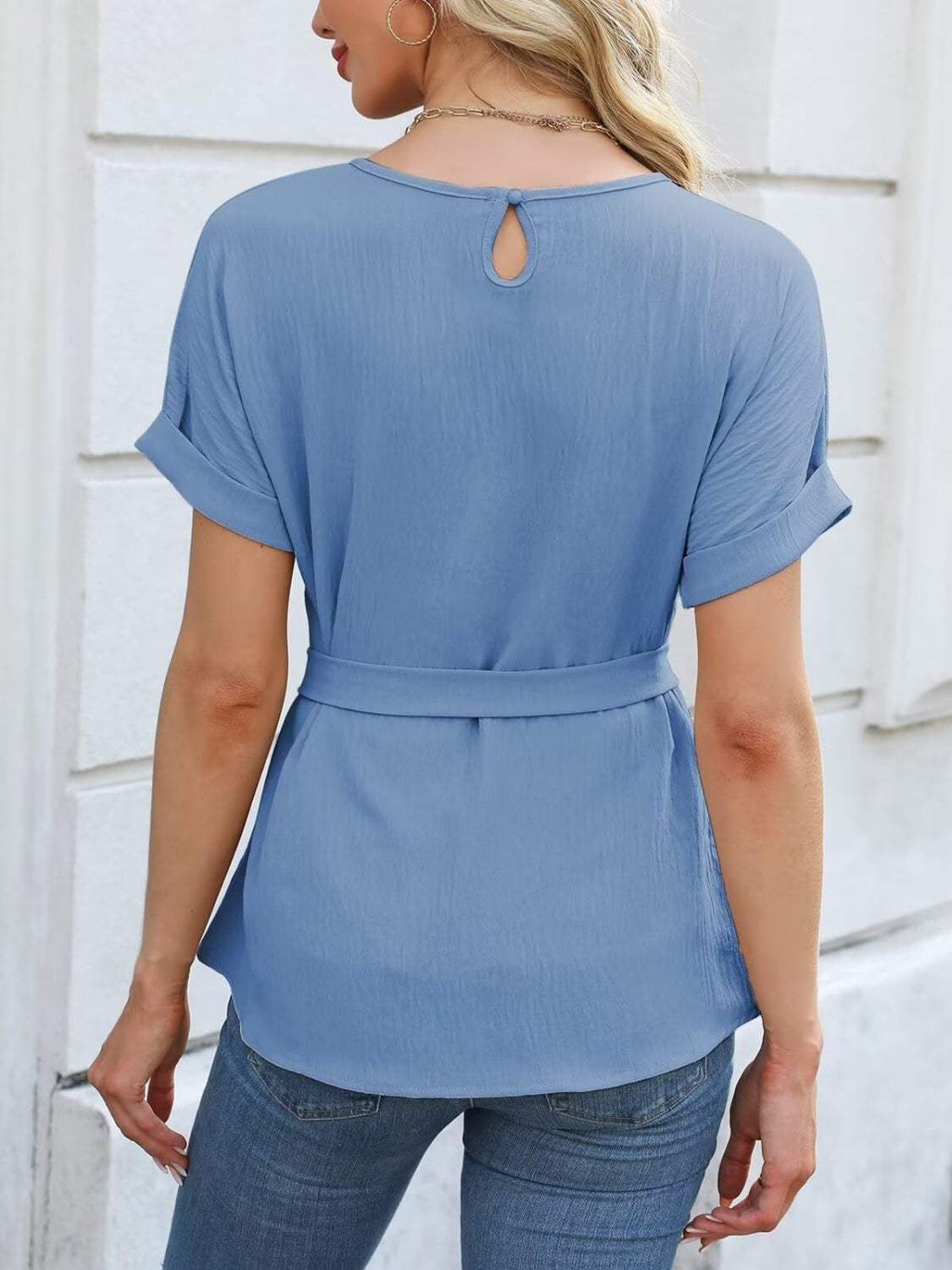 Tied Pleated Round Neck Short Sleeve Top - felvior