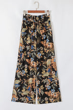 Floral Shirred High Waist Wide Leg Pants with Tie