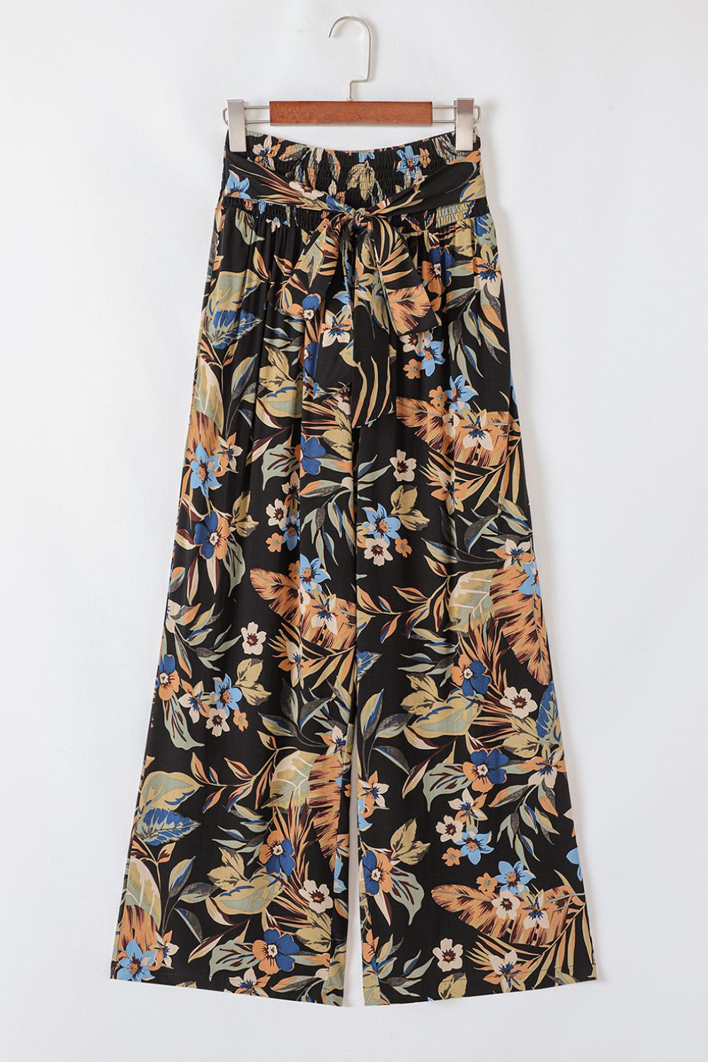 Floral Shirred High Waist Wide Leg Pants with Tie