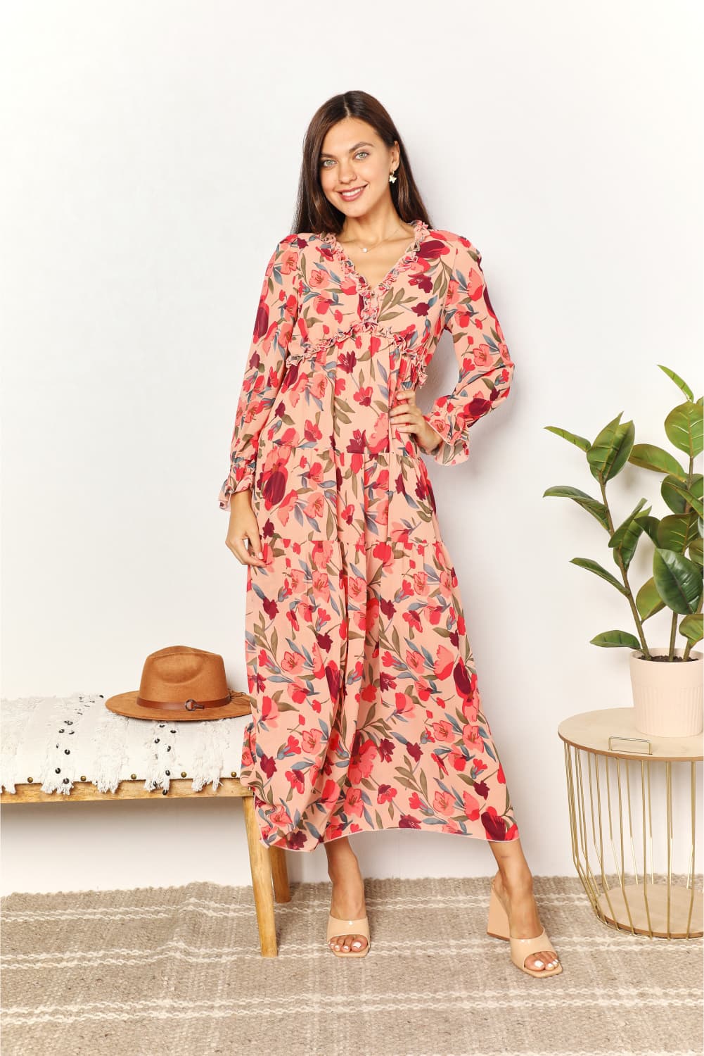 Double Take Floral Frill Trim Flounce Sleeve Plunge Maxi Dress - felvior