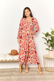 Double Take Floral Frill Trim Flounce Sleeve Plunge Maxi Dress - felvior