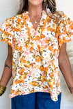 Ruffled Notched Short Sleeve Floral Blouse - felvior