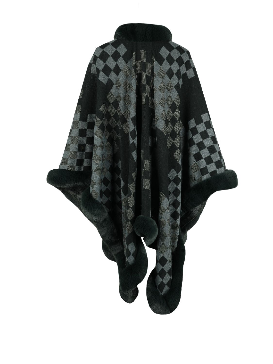 Checkered Faux Fur Trim Poncho - felvior