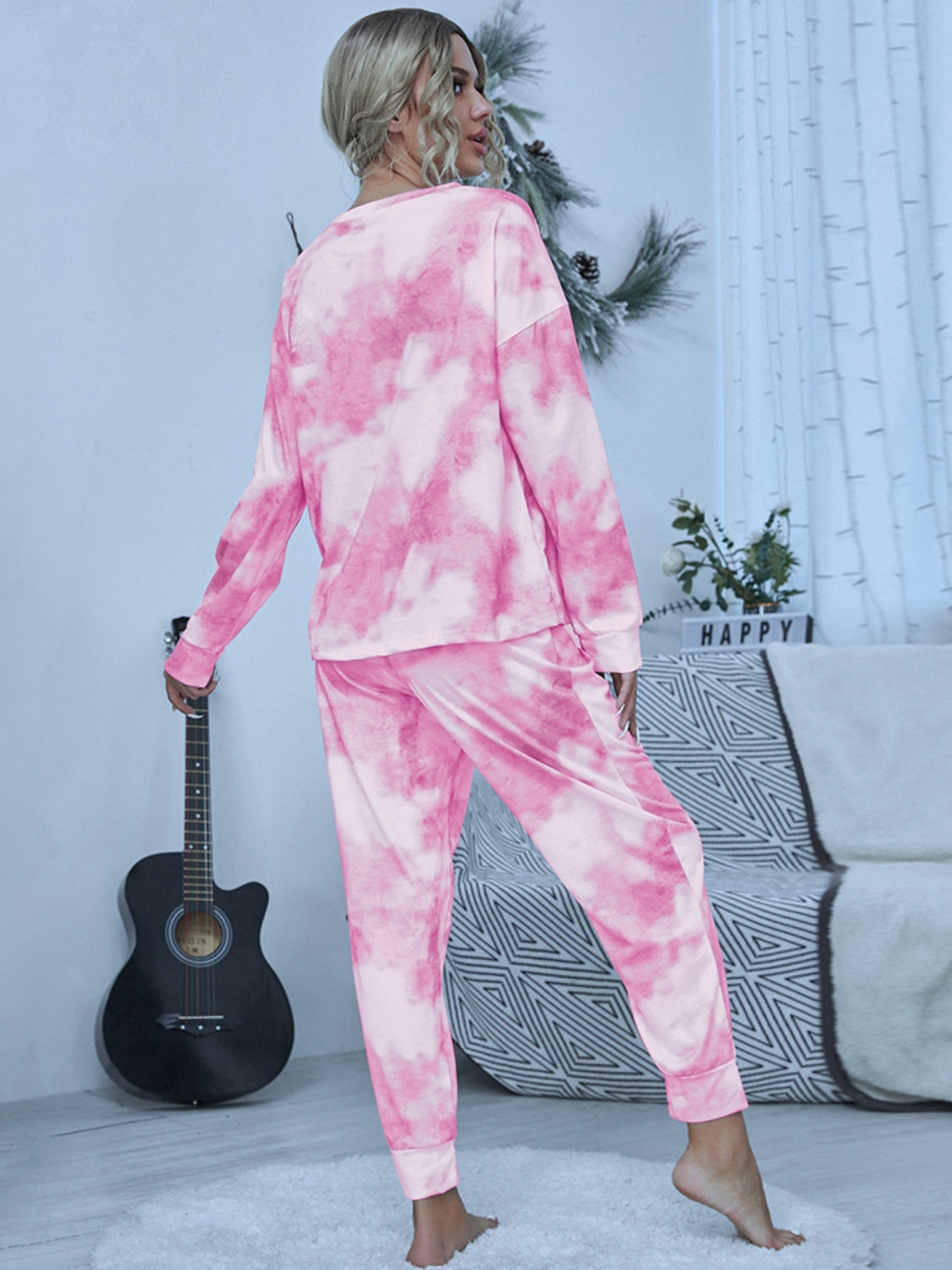 Shiny Tie-Dye Round Neck Top and Pants Lounge Set - felvior