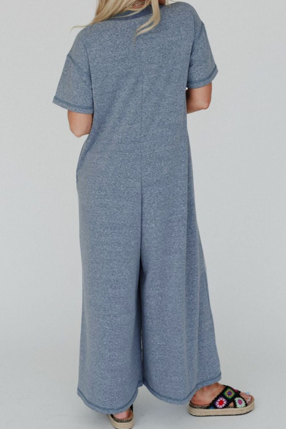 Placket Chest Pockets Short Sleeve Wide Leg Jumpsuit