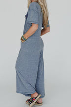 Placket Chest Pockets Short Sleeve Wide Leg Jumpsuit