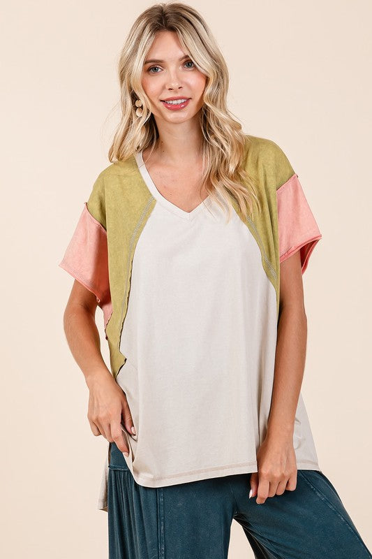 Mittoshop Color Block V-Neck Short Sleeve T-Shirt - felvior