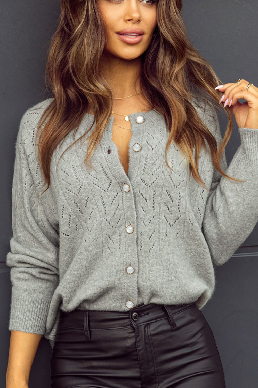 Openwork Button Down Long Sleeve Cardigan - felvior