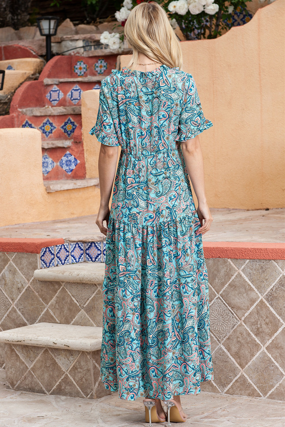 Paisley Print Flounce Sleeve Maxi Dress - felvior