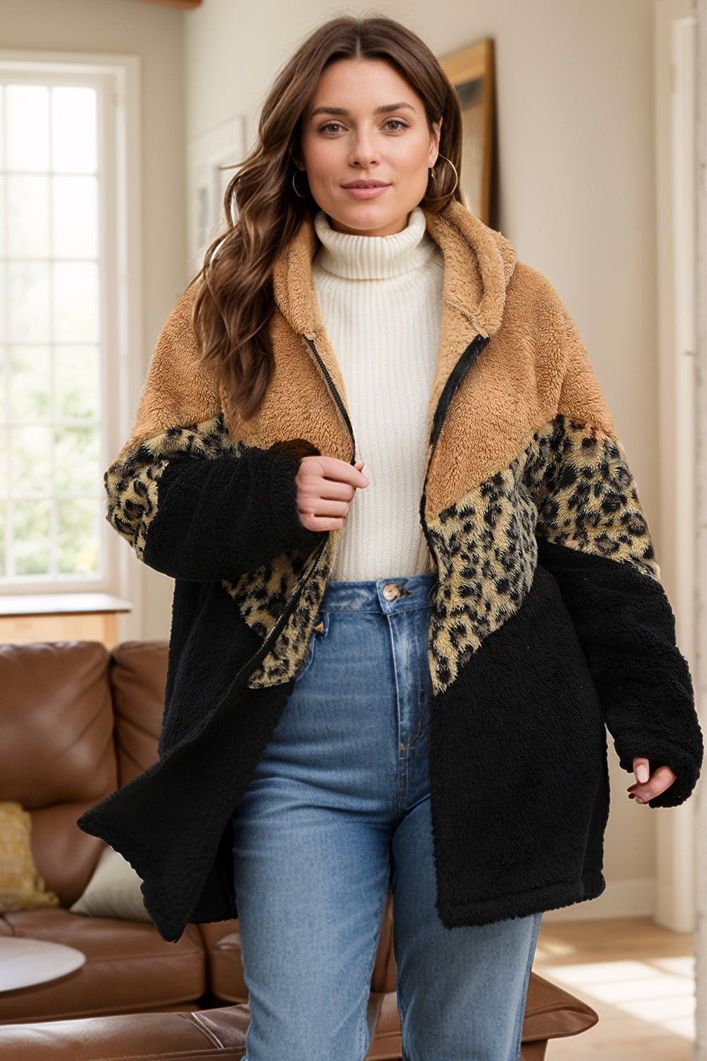 Plus Size Leopard Zip Up Hooded Outerwear Main image