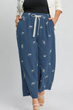 Umgee Full Size Lace Drawstring Embroidered Bow Wide Leg Pants Plus Size - felvior