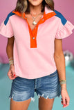 Color Block Half Buttoned Ruffled Short Sleeve T Shirt - felvior
