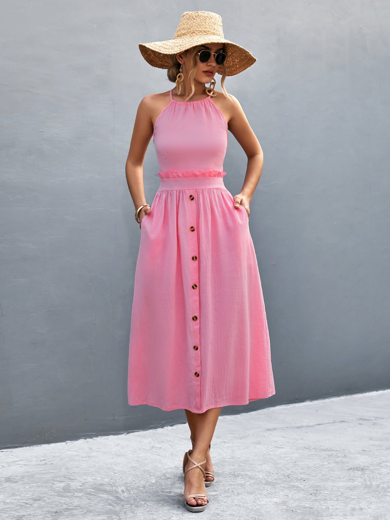Buttoned Halter Neck Frill Trim Midi Dress - felvior