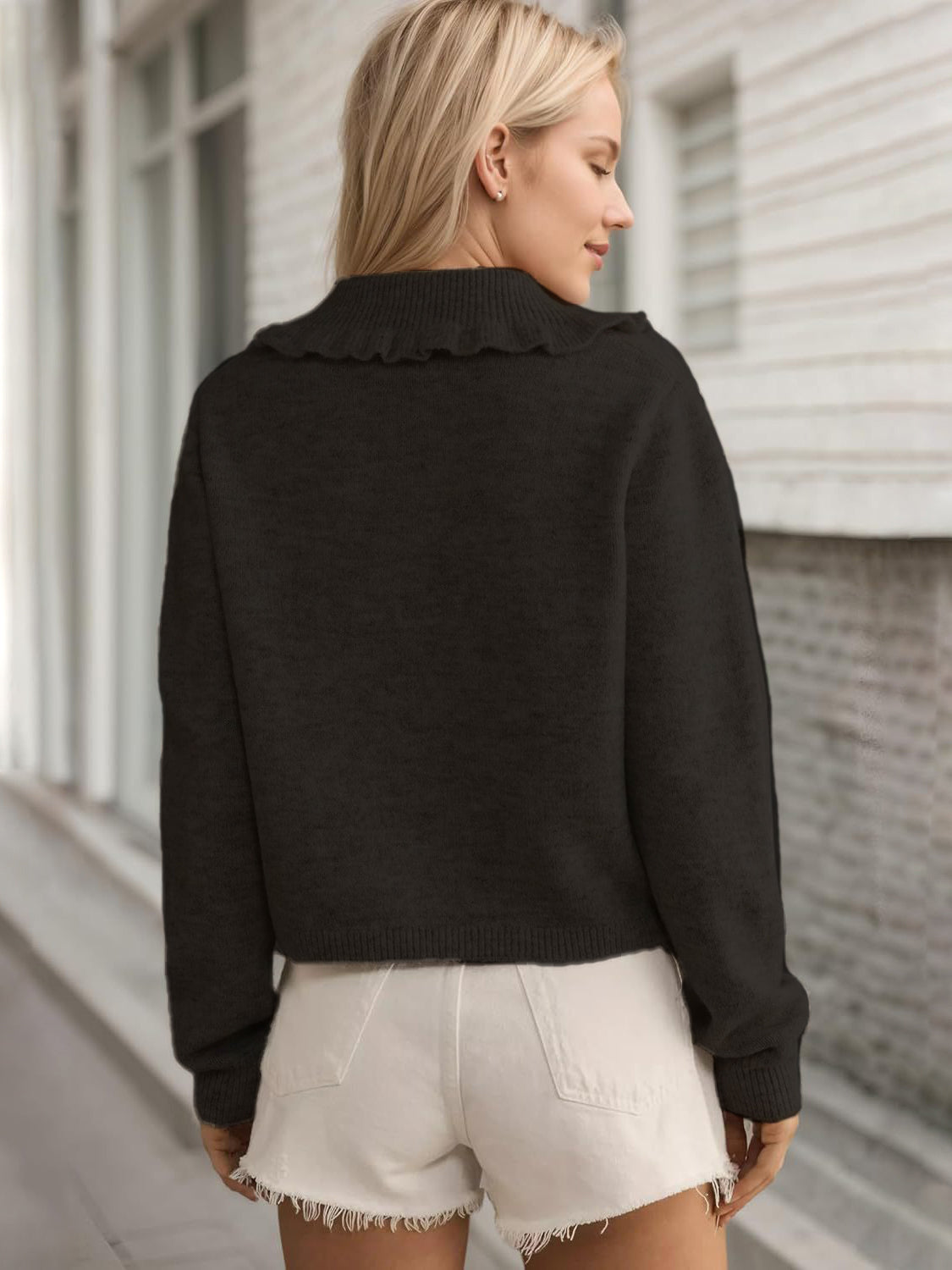 Frill Button Up Collared Neck Long Sleeve Cardigan - felvior