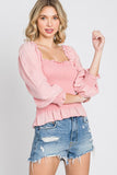 GeeGee Full Size Ruffled Smocked Frill Square Neck Top Plus Size