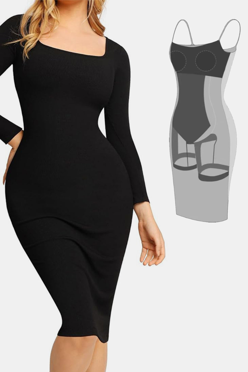 Basic Bae Full Size Built-In Shapewear Square Neck Long Sleeve Dress - felvior