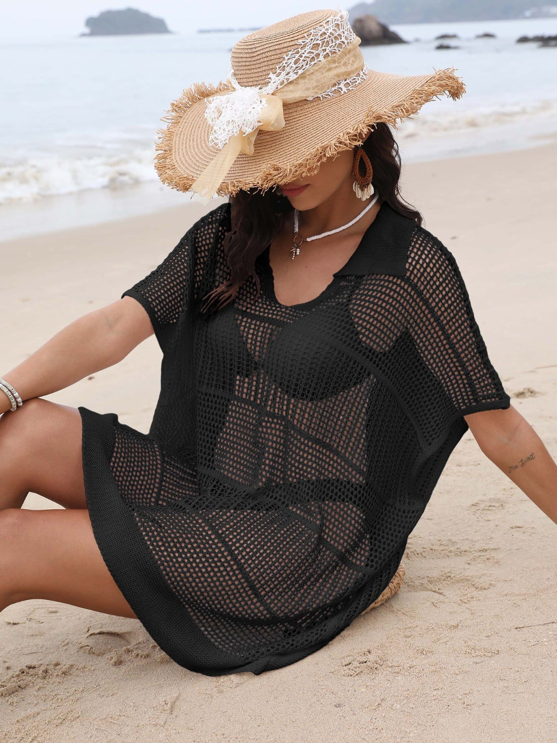 Hollow Out Collared Neck Cover-Up - felvior