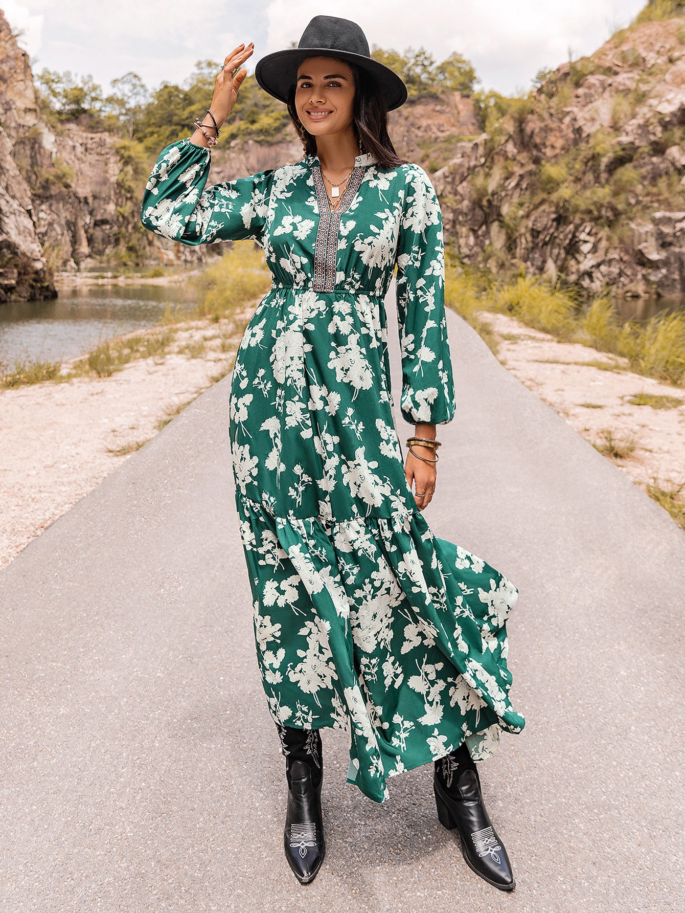 Printed Notched Neck Maxi Dress - felvior