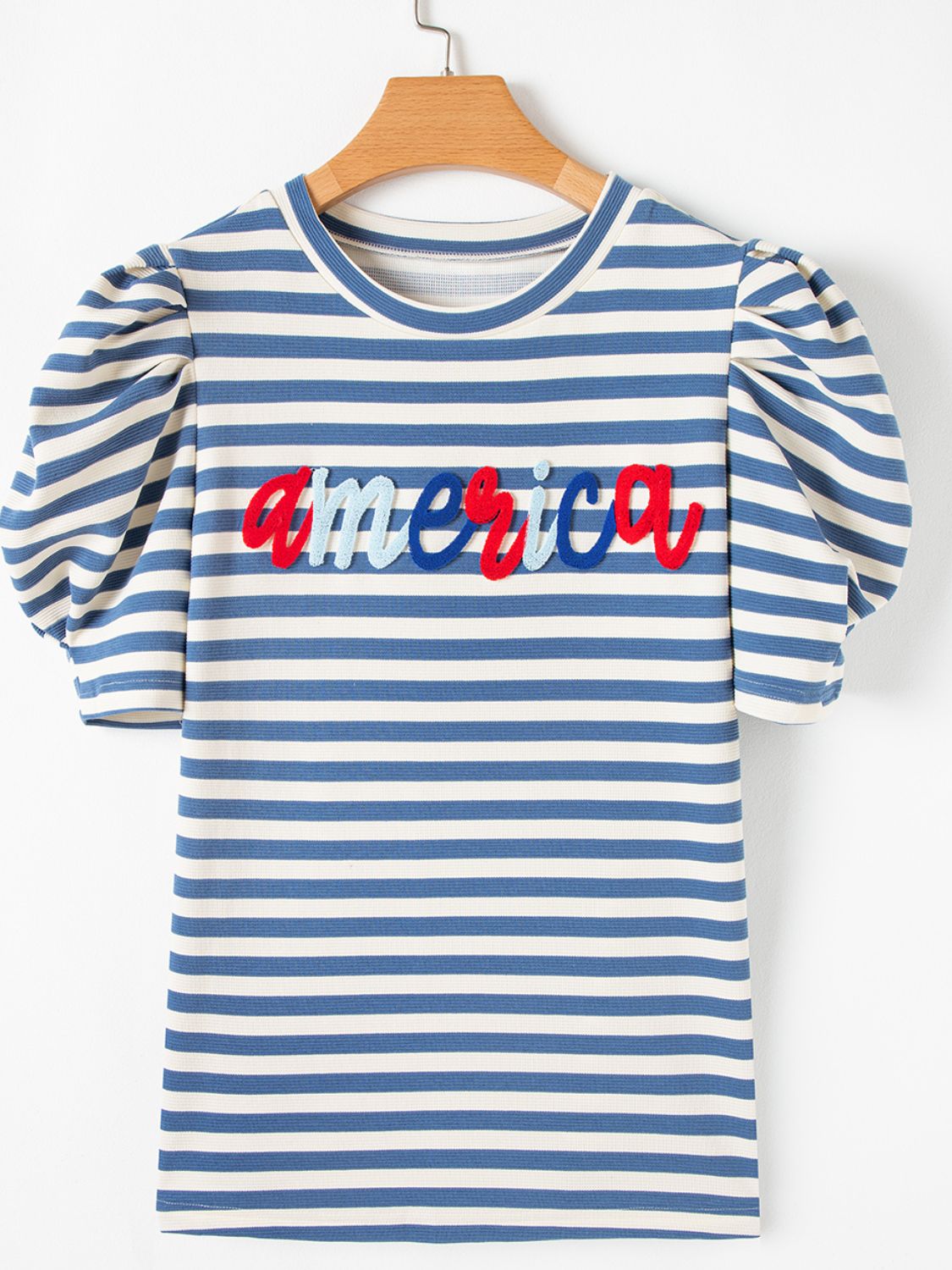 AMERICA Striped Round Neck Puff Sleeve Top