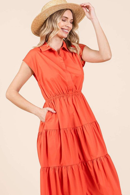 Mittoshop Button Up Collared Tiered Maxi Shirt Dress - felvior