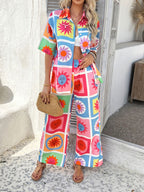 Devine Printed Collared Neck Half Sleeve Top and Pants Set