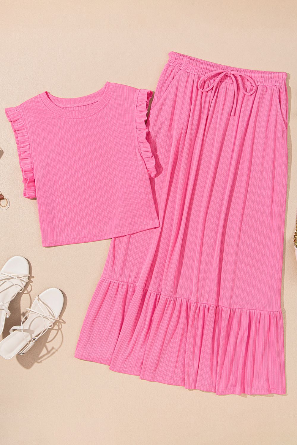 Ruffle Trim Round Neck Top and Drawstring Skirt Set - felvior