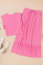 Ruffle Trim Round Neck Top and Drawstring Skirt Set