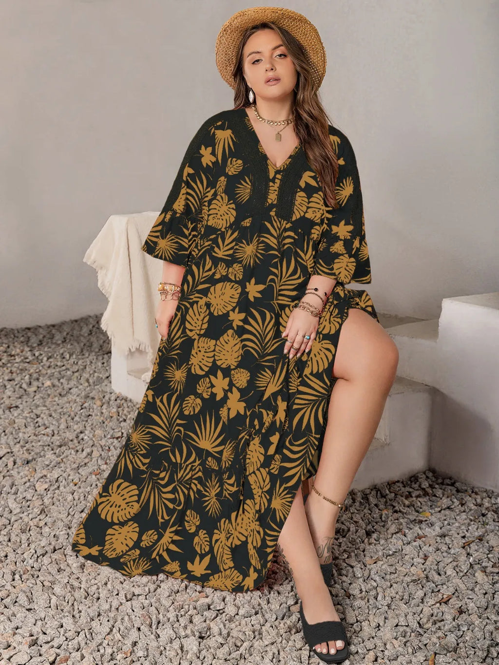Plus Size Lace Detail Tropical Print Three-Quarter Sleeve Maxi Dress