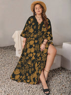 Plus Size Lace Detail Tropical Print Three-Quarter Sleeve Maxi Dress