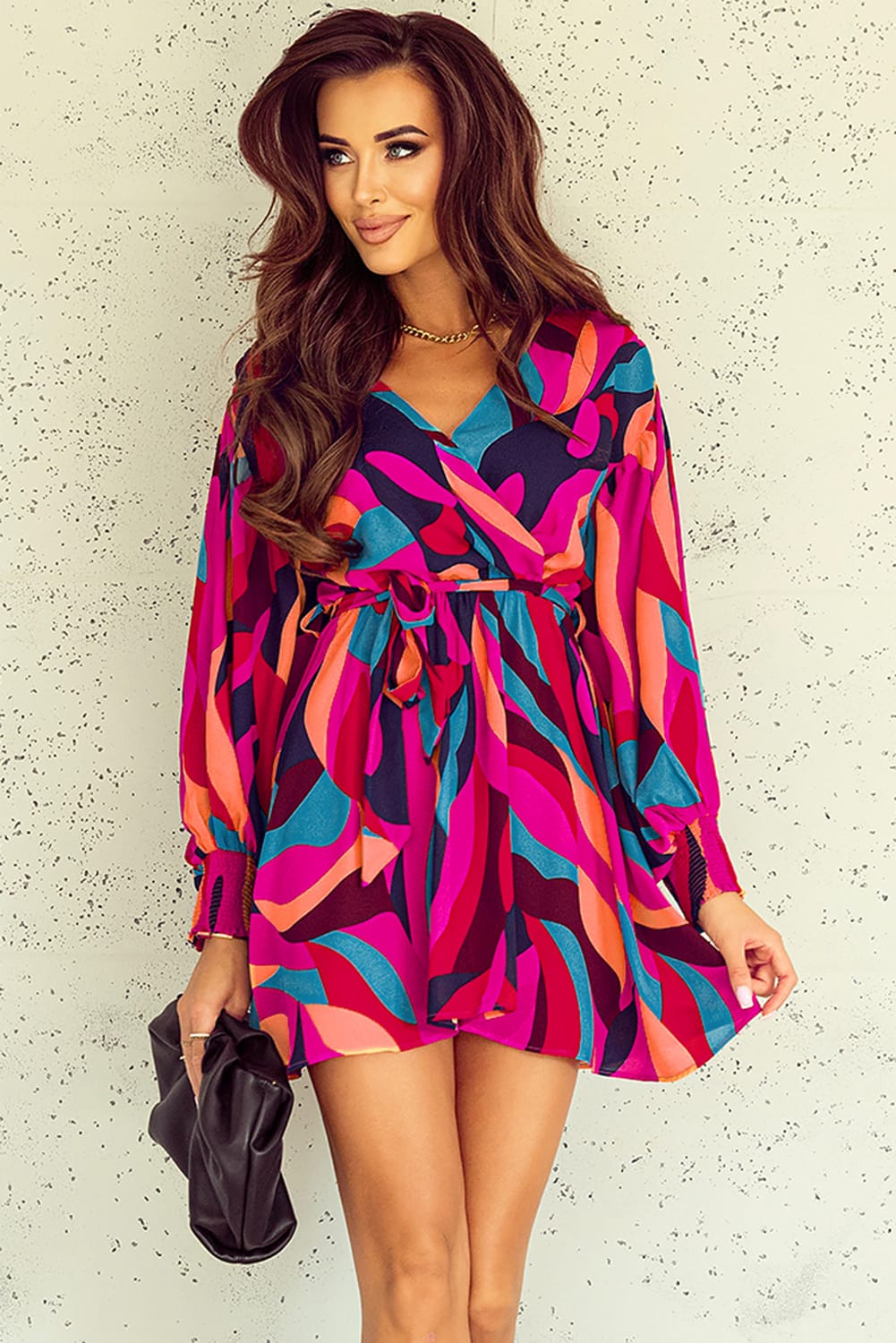 Printed Surplice Neck Tie Waist Dress - felvior