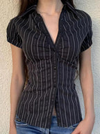 Devine Button Down Striped Collared Neck Short Sleeve Shirt