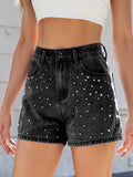 Rhinestone Washed High Waist Denim Shorts - felvior